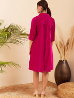InWeave Women's Fuchsia Velvet Collared Neck Flared Midi Dress - Distacart