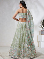 House of Panchhi Lime Green Chiffon Sequins And Thread Embroidery Lehenga Choli & Dupatta