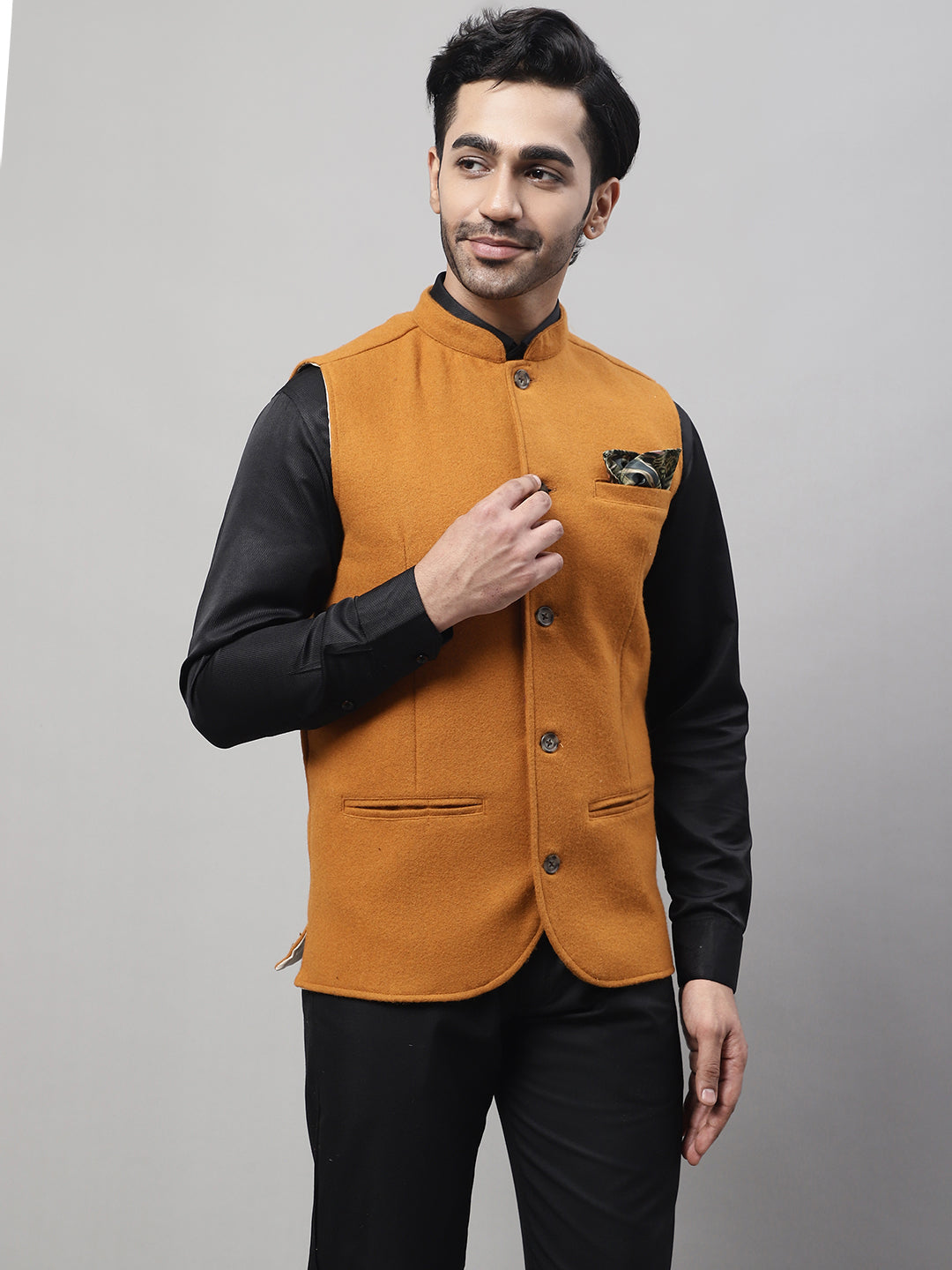 Even Apparels Men's Orange Pure Wool Nehru Jacket