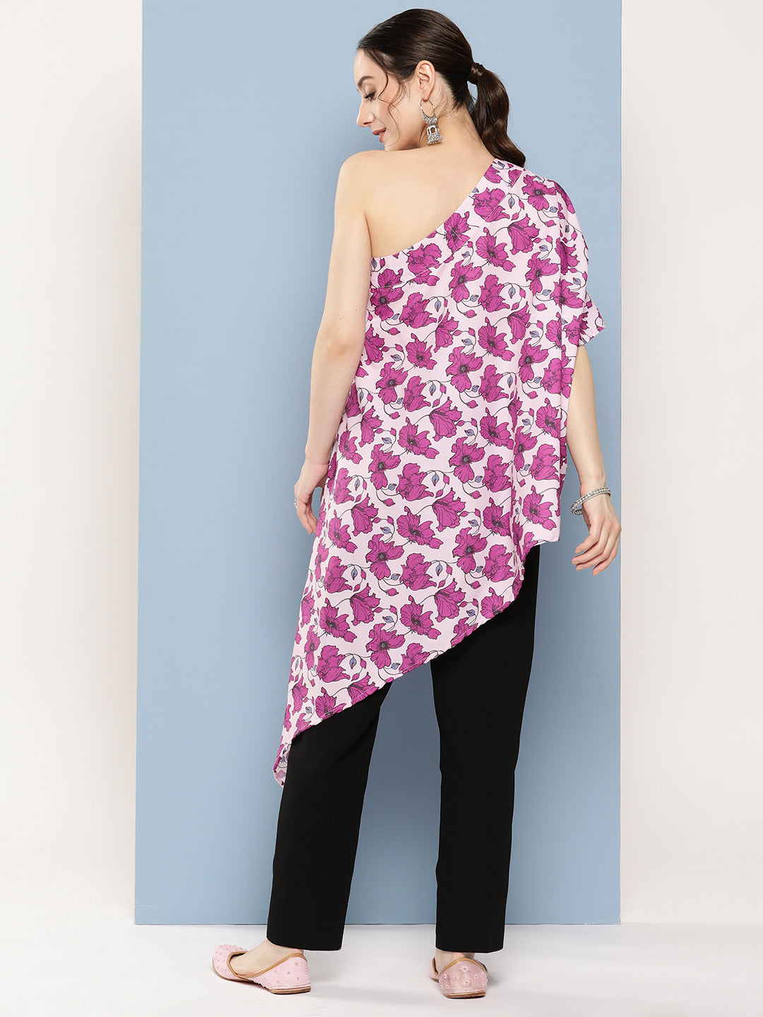 InWeave Women's Pink Fuchsia Japanese Art Oneshoulder Top