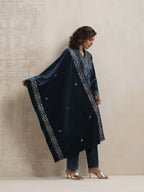 trueBrowns Blue Velvet Embroidered Kurta Pant Dupatta Set - Distacart