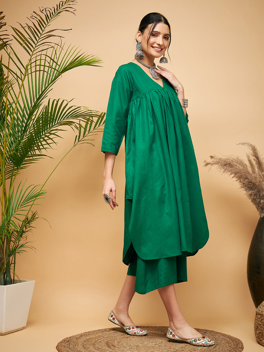 InWeave Women's Forest Green Flared Kurta Palazzo Set