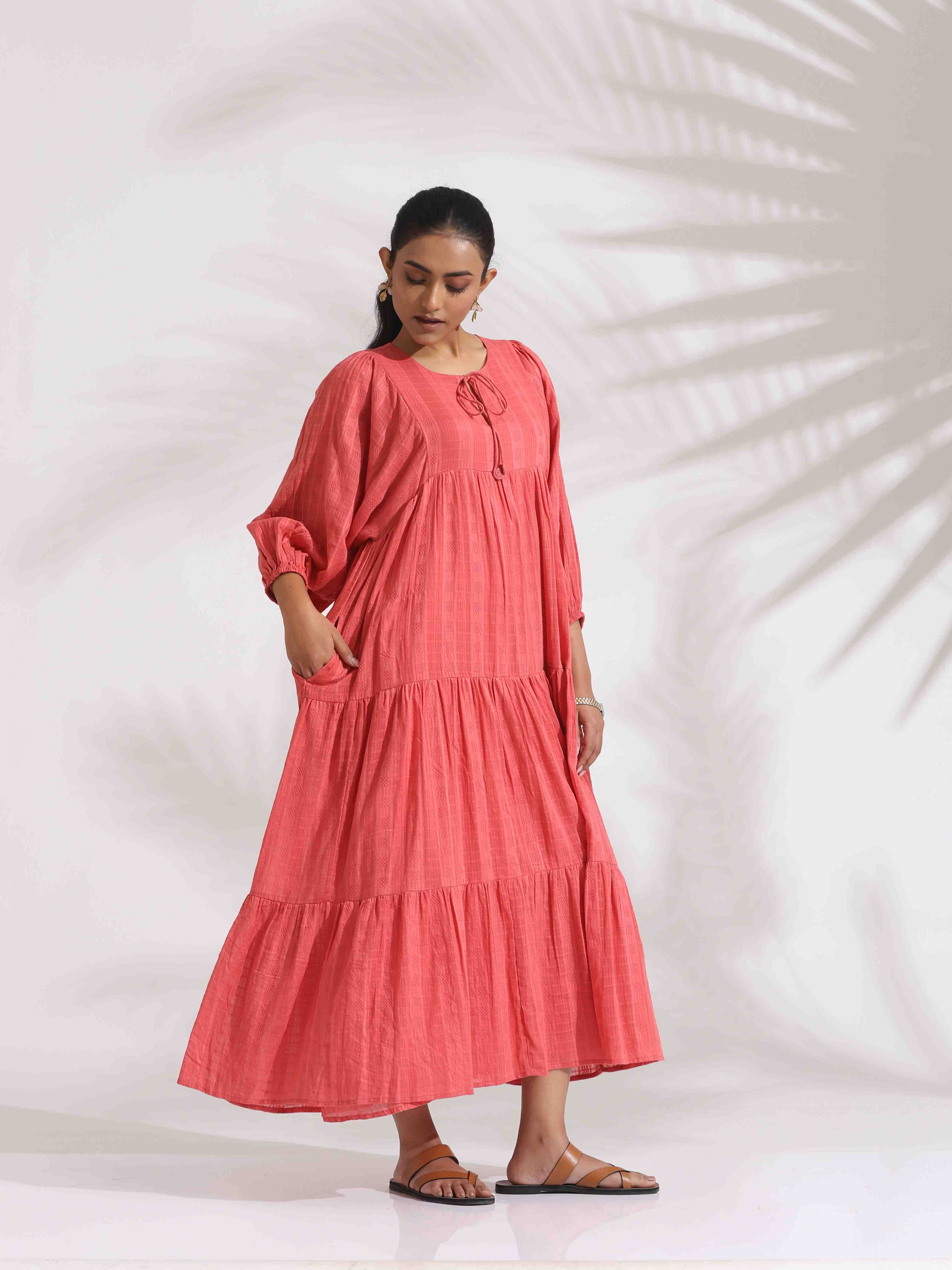 trueBrowns Pink Cotton Tier Dress - Distacart