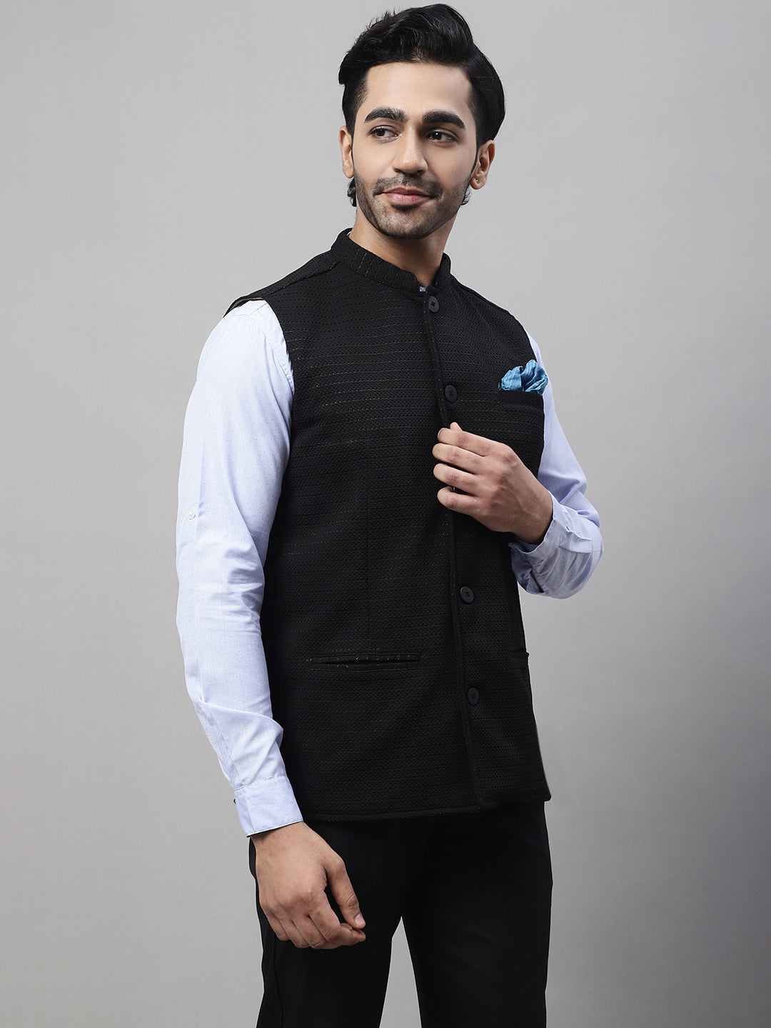 Even Apparels Men's Black Nehru Jacket With Welt Pockets
