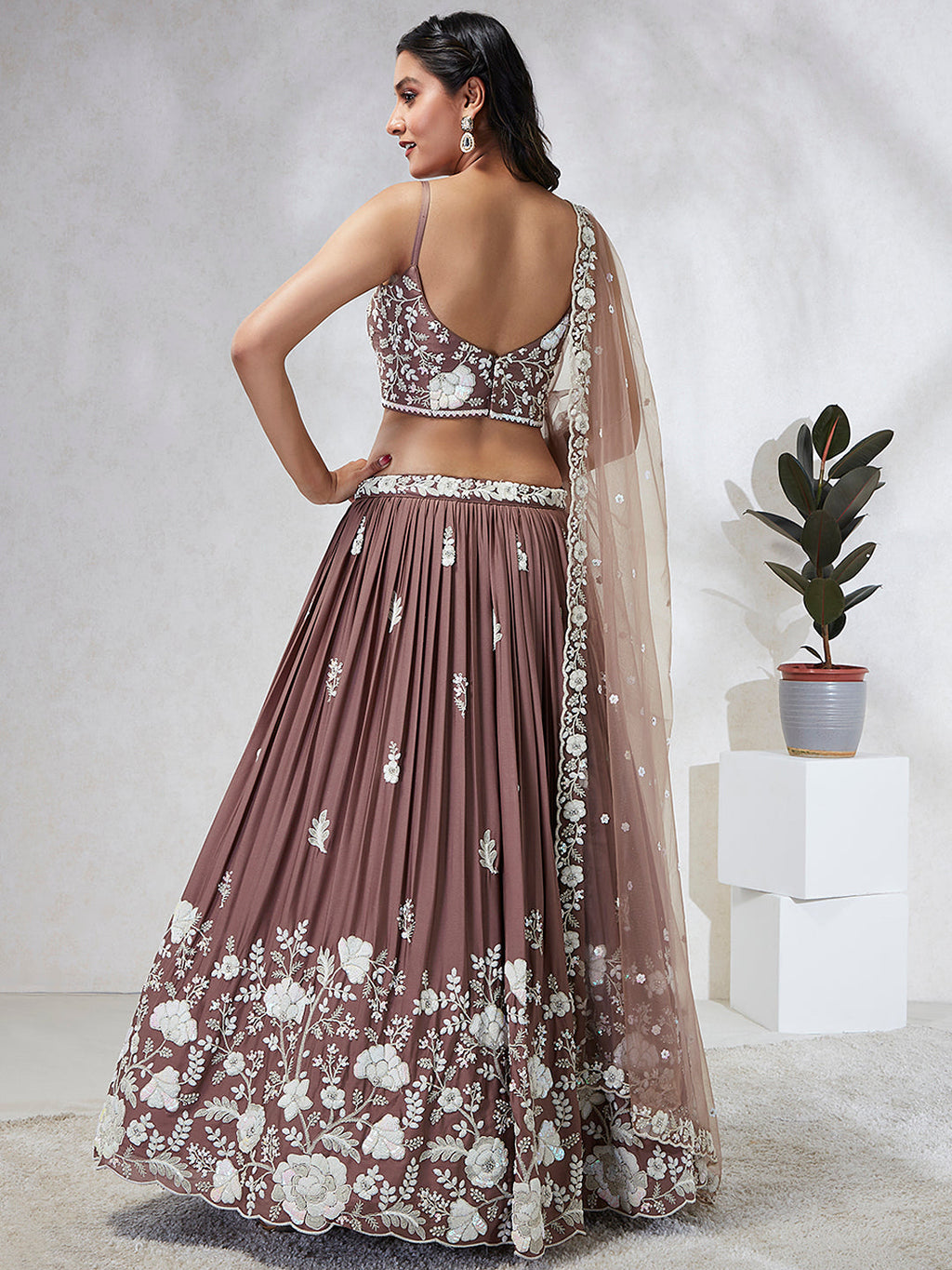 House of Panchhi Rose Gold Pure Georgette Sequins And Thread Embroidery Lehenga Choli & Dupatta