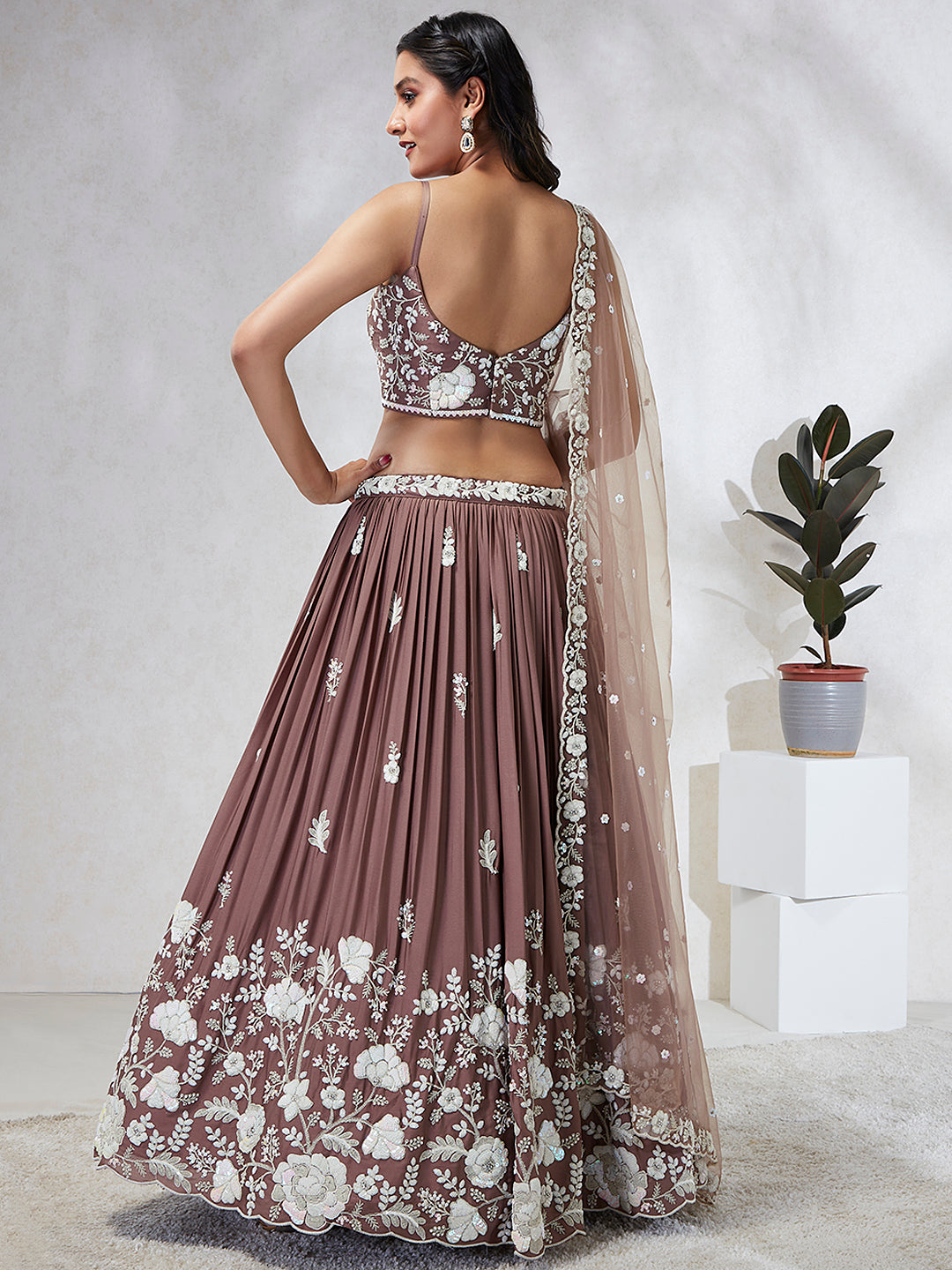 House of Panchhi Rose Gold Pure Georgette Sequins And Thread Embroidery Lehenga Choli & Dupatta