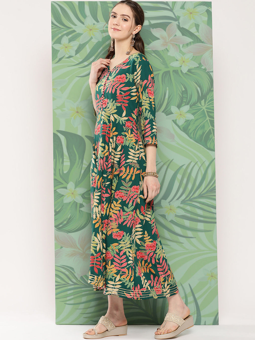 InWeave Women's Green Tropical Print Gota Long Dress - Distacart