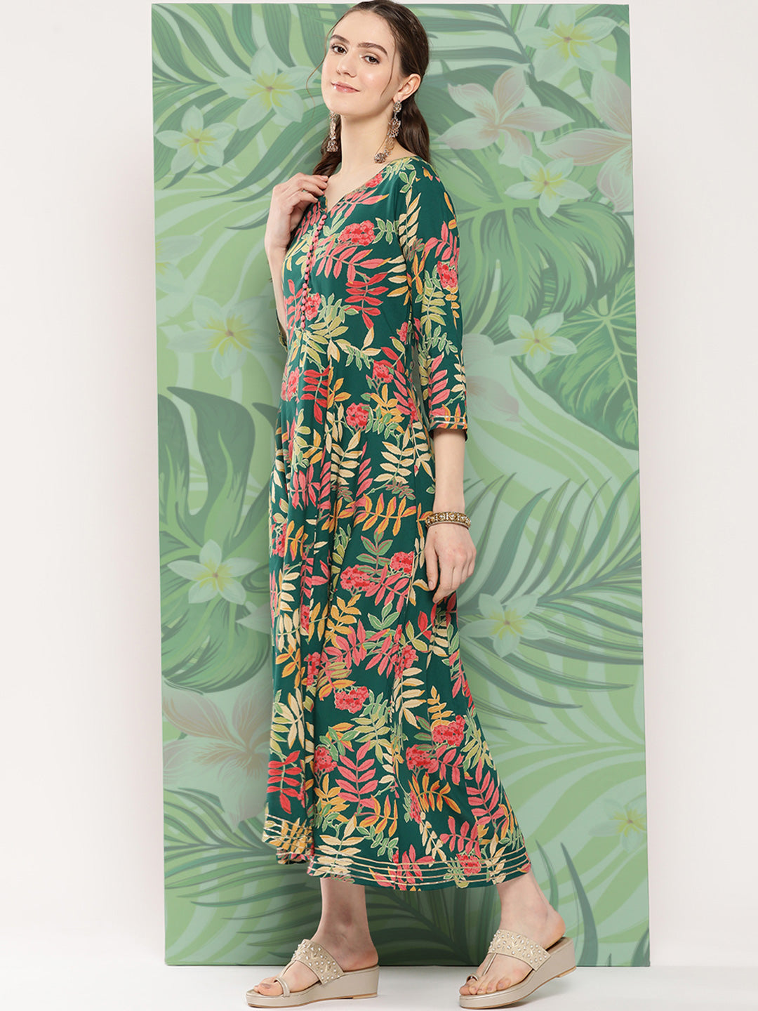 InWeave Women's Green Tropical Print Gota Long Dress - Distacart