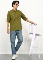 Fabmade Olive Stripe Linen Kurta