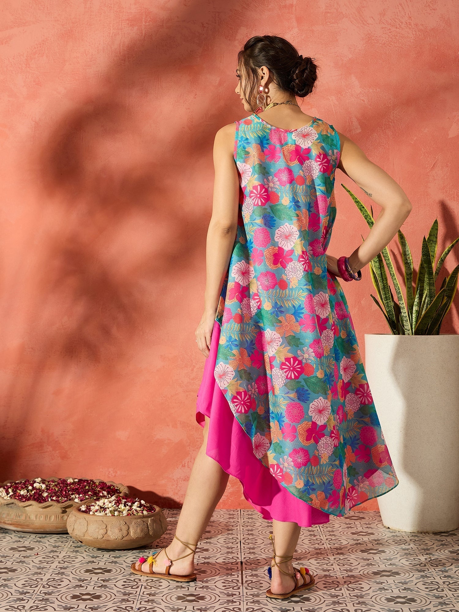 InWeave Blue Floral Fuchsia Asymmetrical Dress - Distacart
