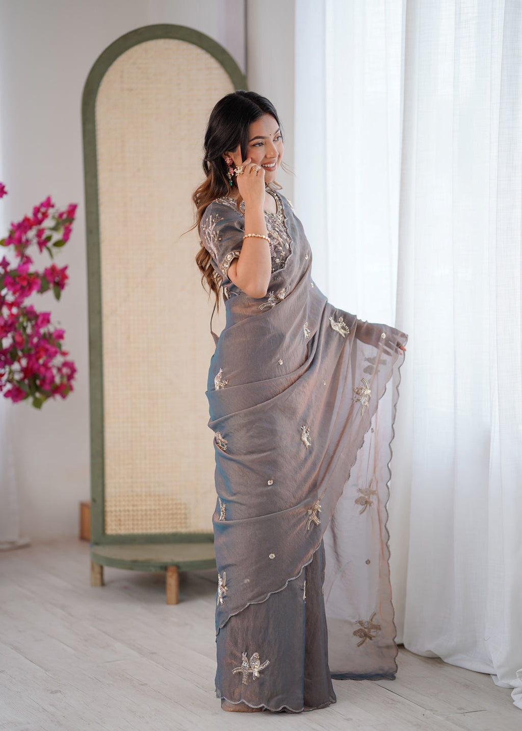Evanik Grey Mos Silk With Handwork Butterfly Design Saree With Unstitched Blouse - Distacart