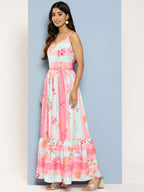 Ahalyaa Striped Floral Print Crepe Maxi Ethnic Dress - Distacart