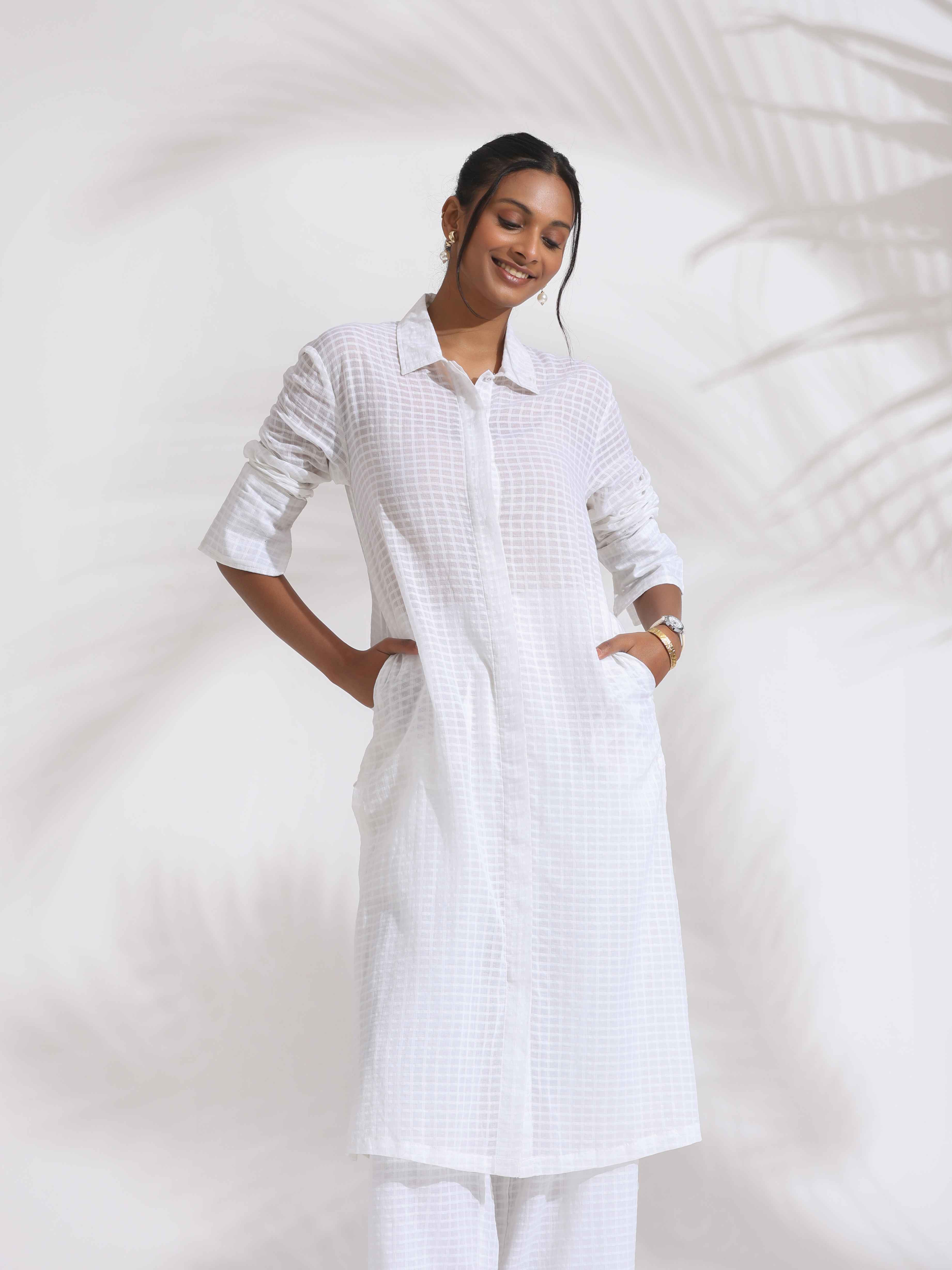 trueBrowns White Check Cotton Kurta Set - Distacart