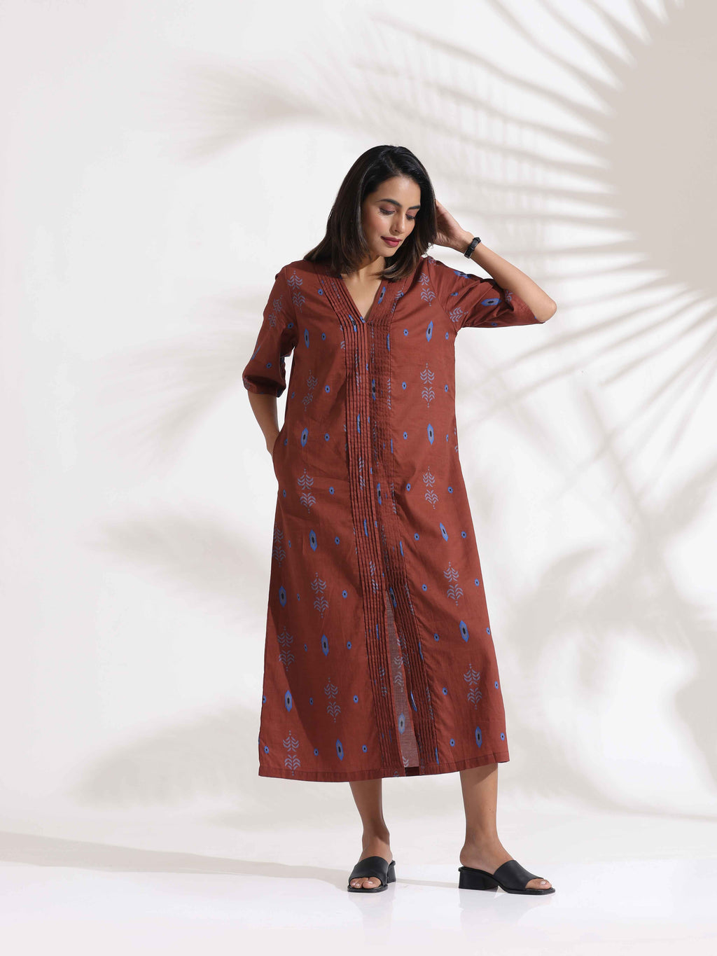 trueBrowns Brown Cotton Print pleated Dress - Distacart