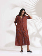 trueBrowns Brown Cotton Print pleated Dress - Distacart