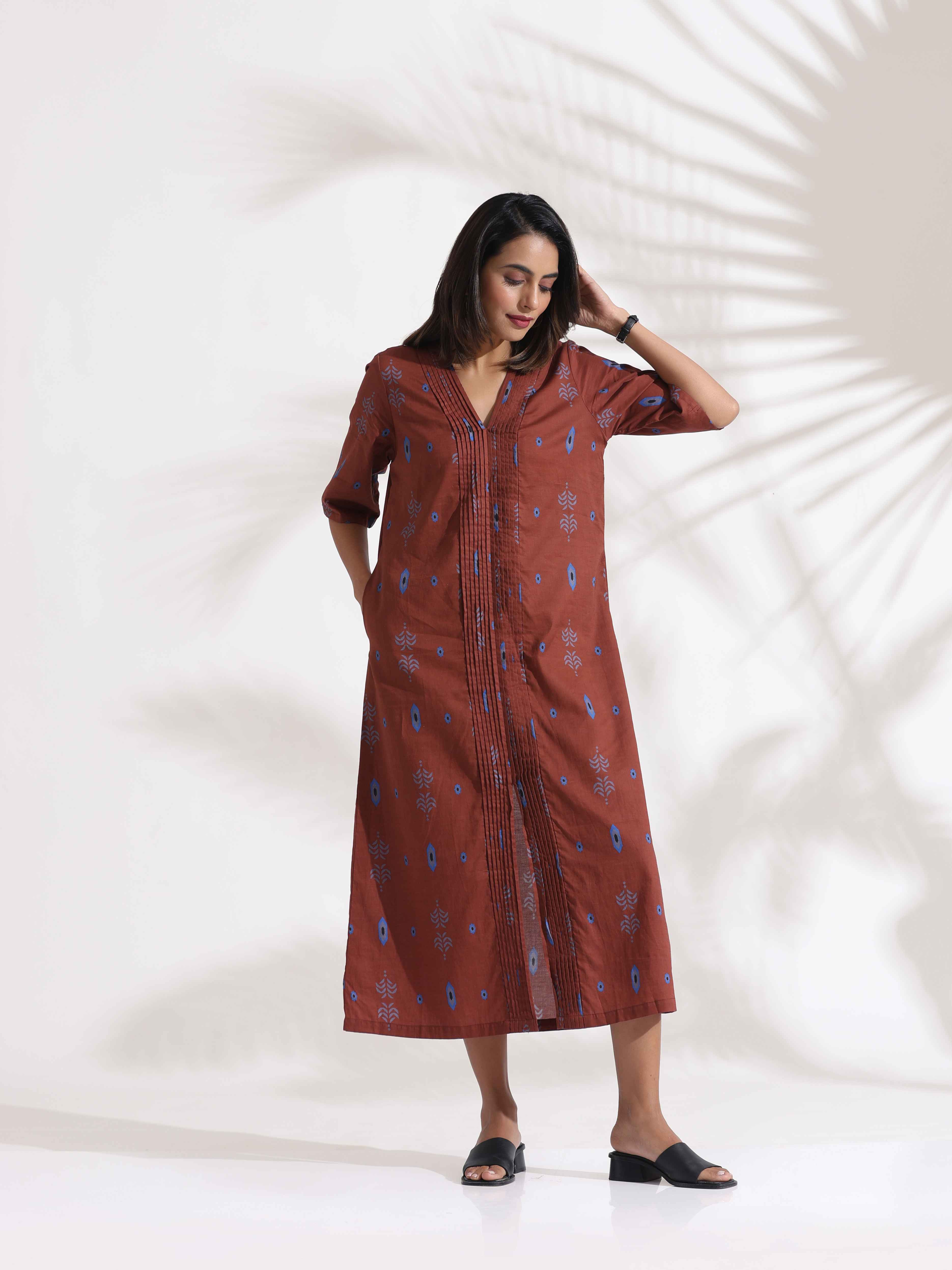 trueBrowns Brown Cotton Print pleated Dress - Distacart