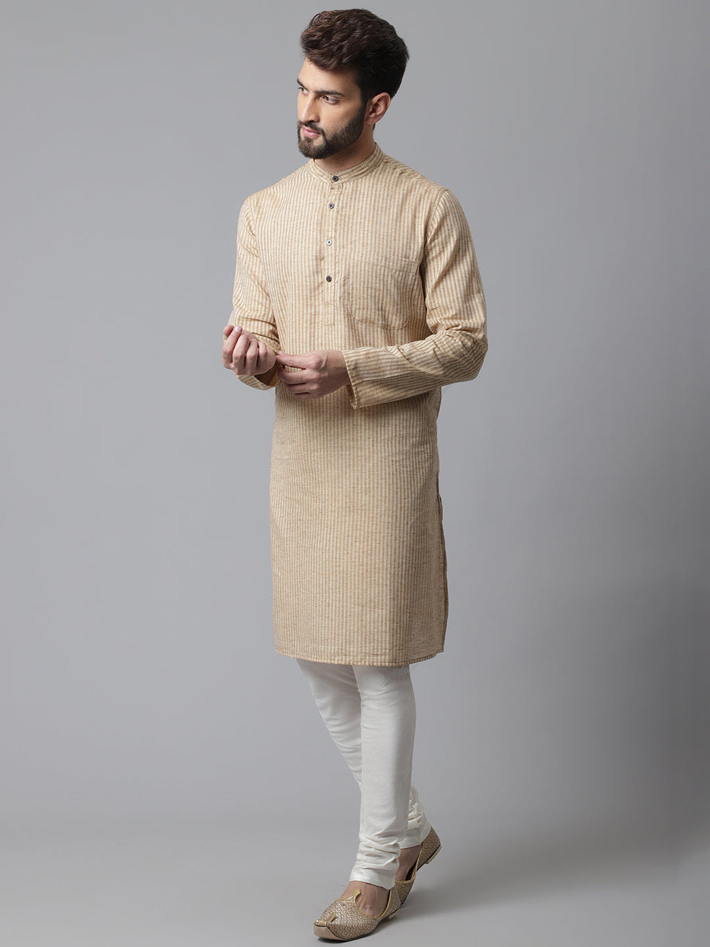 Even Apparels Beige Pure Cotton Kurta With Band Collar - Distacart