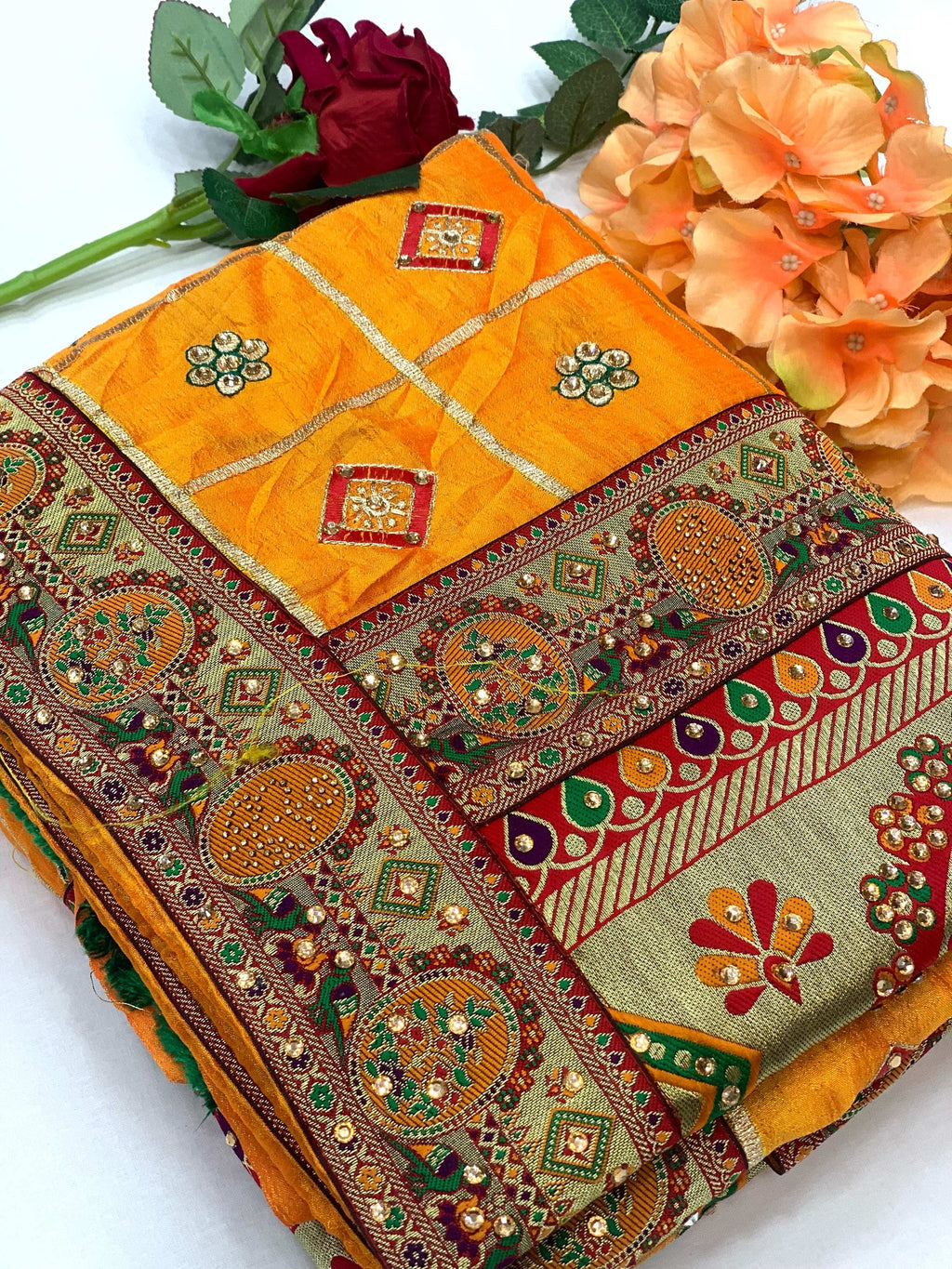 Lorenvalley Fashion Premium Yellow Vichitra Silk Embroidery and Diamond work Both Side Saree
