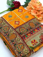 Lorenvalley Fashion Premium Yellow Vichitra Silk Embroidery and Diamond work Both Side Saree