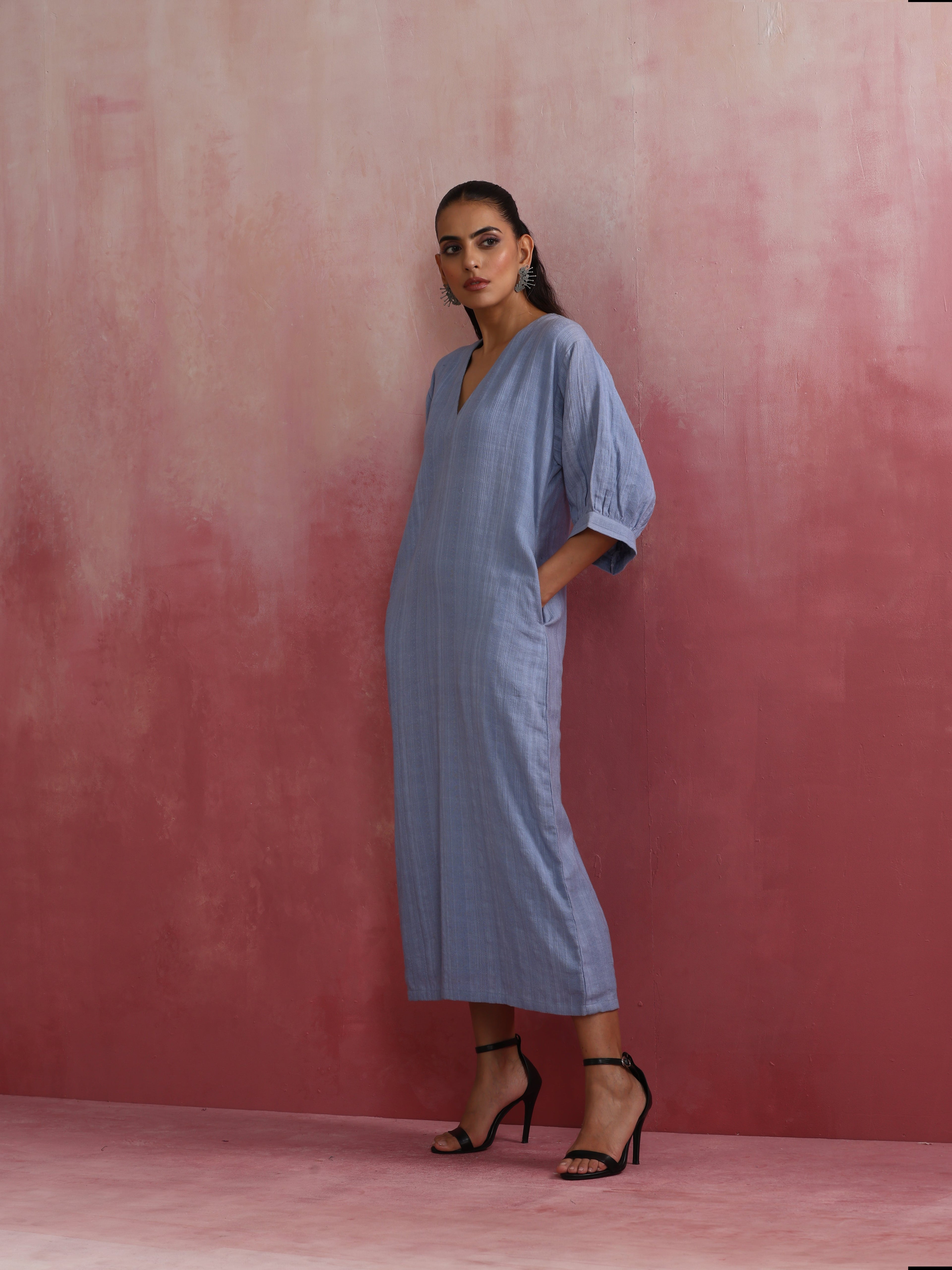 trueBrowns Sky Blue Cotton Dobby Dress - Distacart
