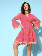 InWeave Women's Peach Lacy Dress With Tassels - Distacart