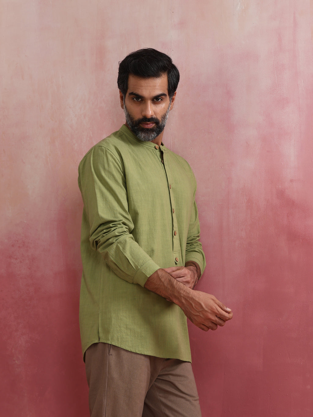 trueBrowns Men's Pista Green Cotton Mandarin Collar Stylized Kurta