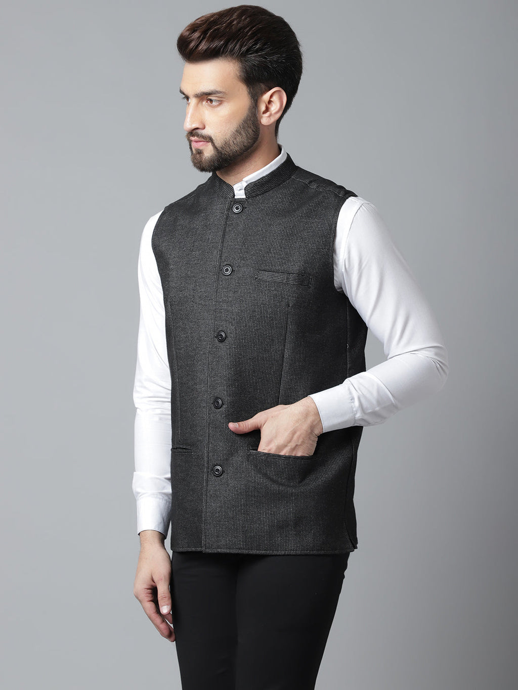 Even Apparels Men's Black Pure Wool Nehru Jacket