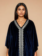trueBrowns Navy Blue Velvet Embroidered Kaftan Kurta Set - Distacart