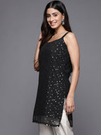 Ahalyaa Woman Silver Foil Printed Shoulder Straps Net Tunic