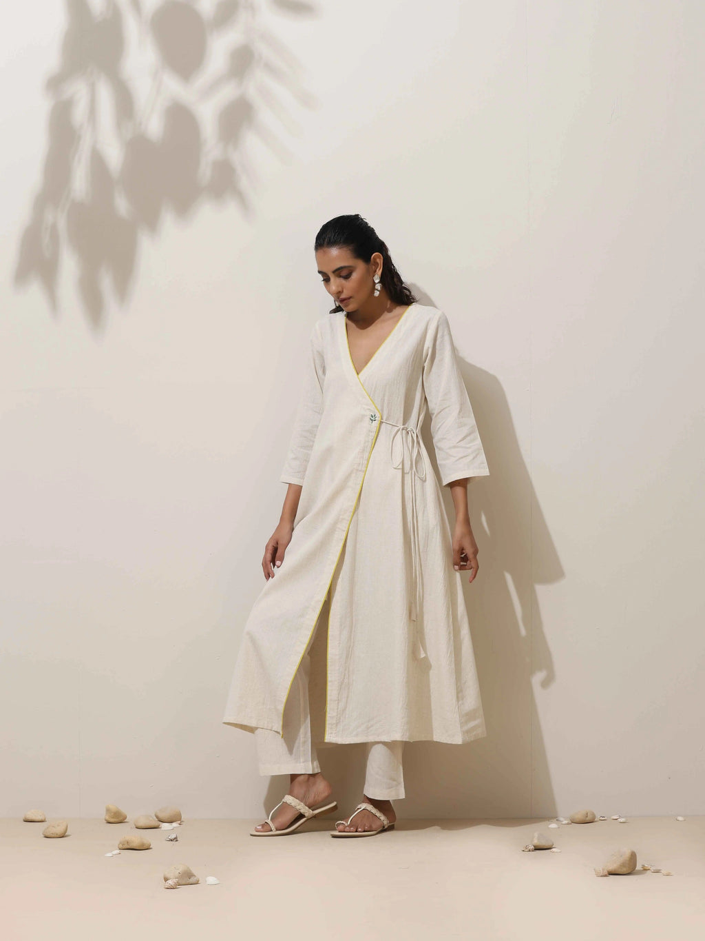trueBrowns Off White Cotton Linen Angrakha Kurta Pant Set - Distacart