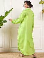 InWeave Neon Green Shawl Neck Long Side Pleat Dress - Distacart