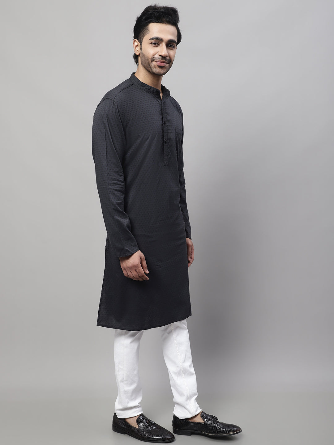 Even Apparels Black Pure Cotton Kurta With Band Collar