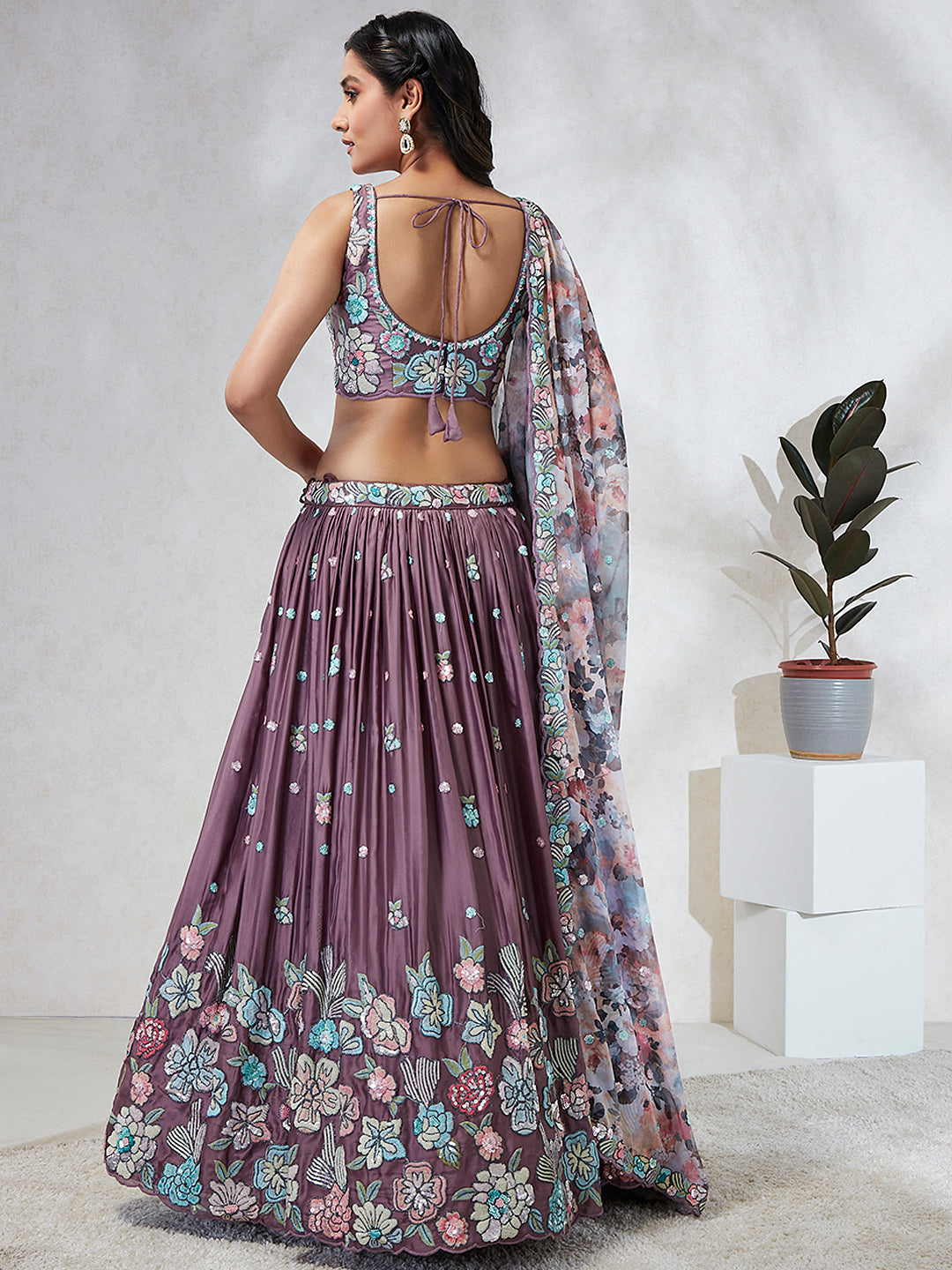 House of Panchhi Lavender Georgette Sequins And Thread Embroidery Lehenga Choli & Dupatta