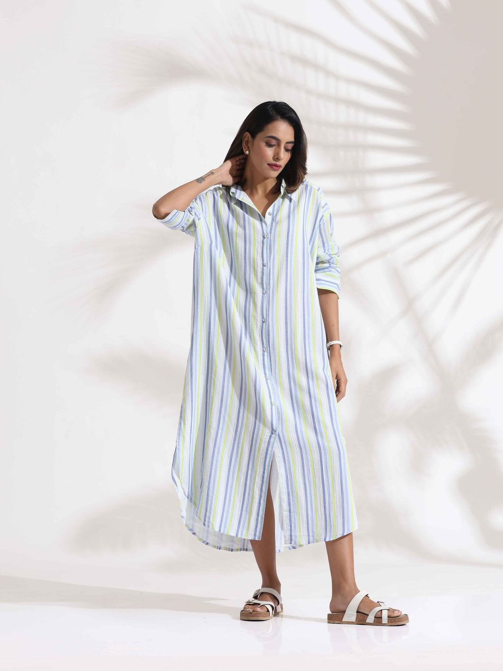 trueBrowns White Cotton Multi Stripe Shirt Dress - Distacart
