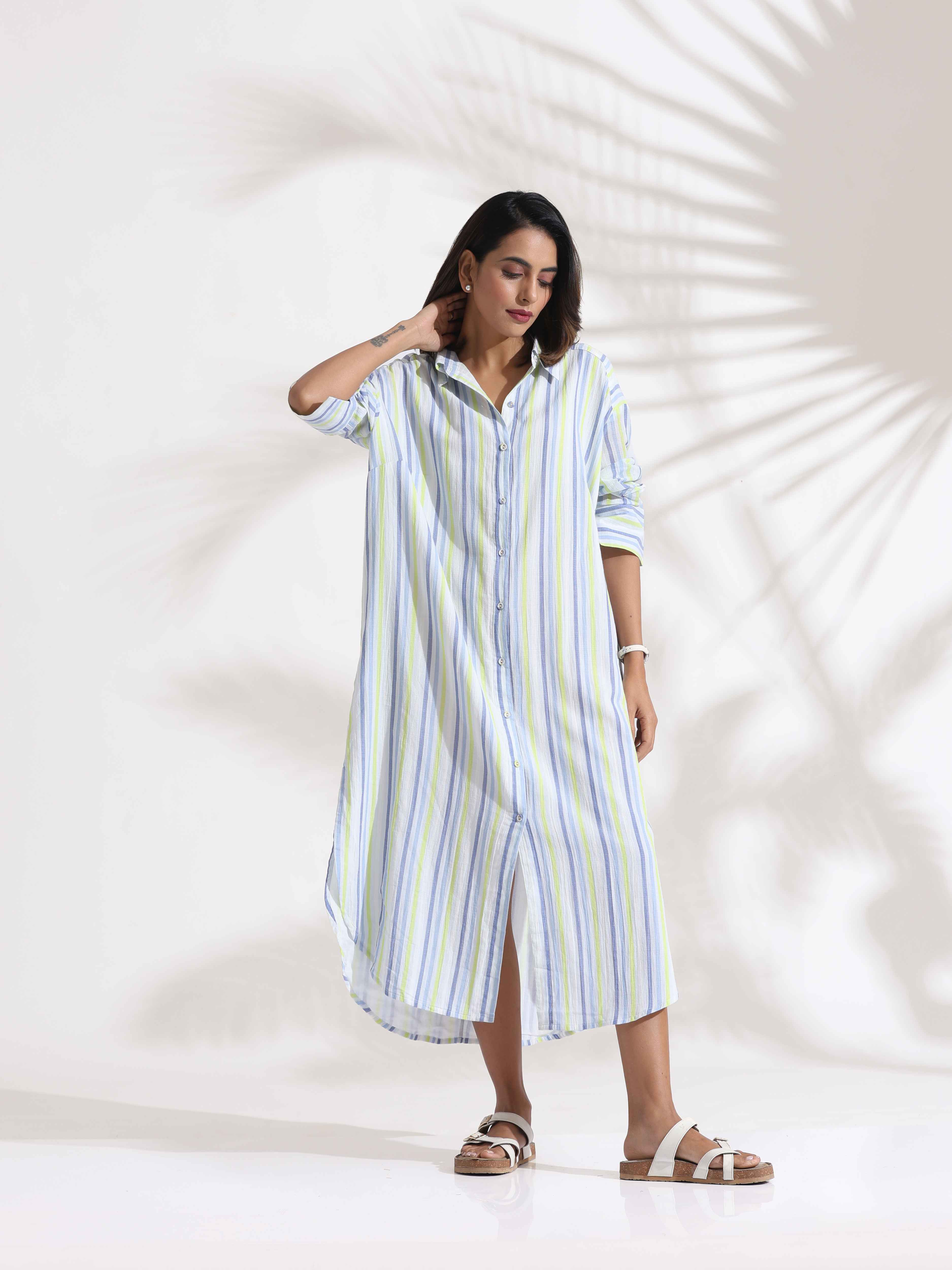 trueBrowns White Cotton Multi Stripe Shirt Dress - Distacart
