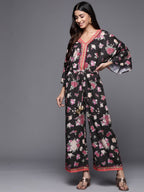 Ahalyaa Printed Crepe Basic Jumpsuit With Lace Inserts - Distacart