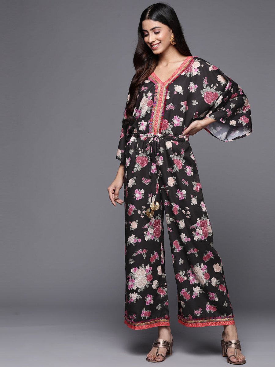 Ahalyaa Printed Crepe Basic Jumpsuit With Lace Inserts - Distacart