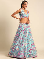House of Panchhi Turquoise Blue Organza Sequins And Zarkan Embroidery Lehenga Choli & Dupatta