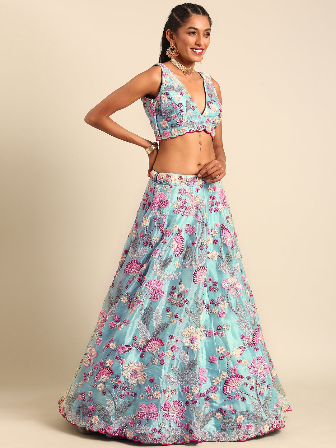 House of Panchhi Turquoise Blue Organza Sequins And Zarkan Embroidery Lehenga Choli & Dupatta