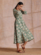 trueBrowns Fern Green Overall Floral Block Print Cotton Square Neck Dress - Distacart