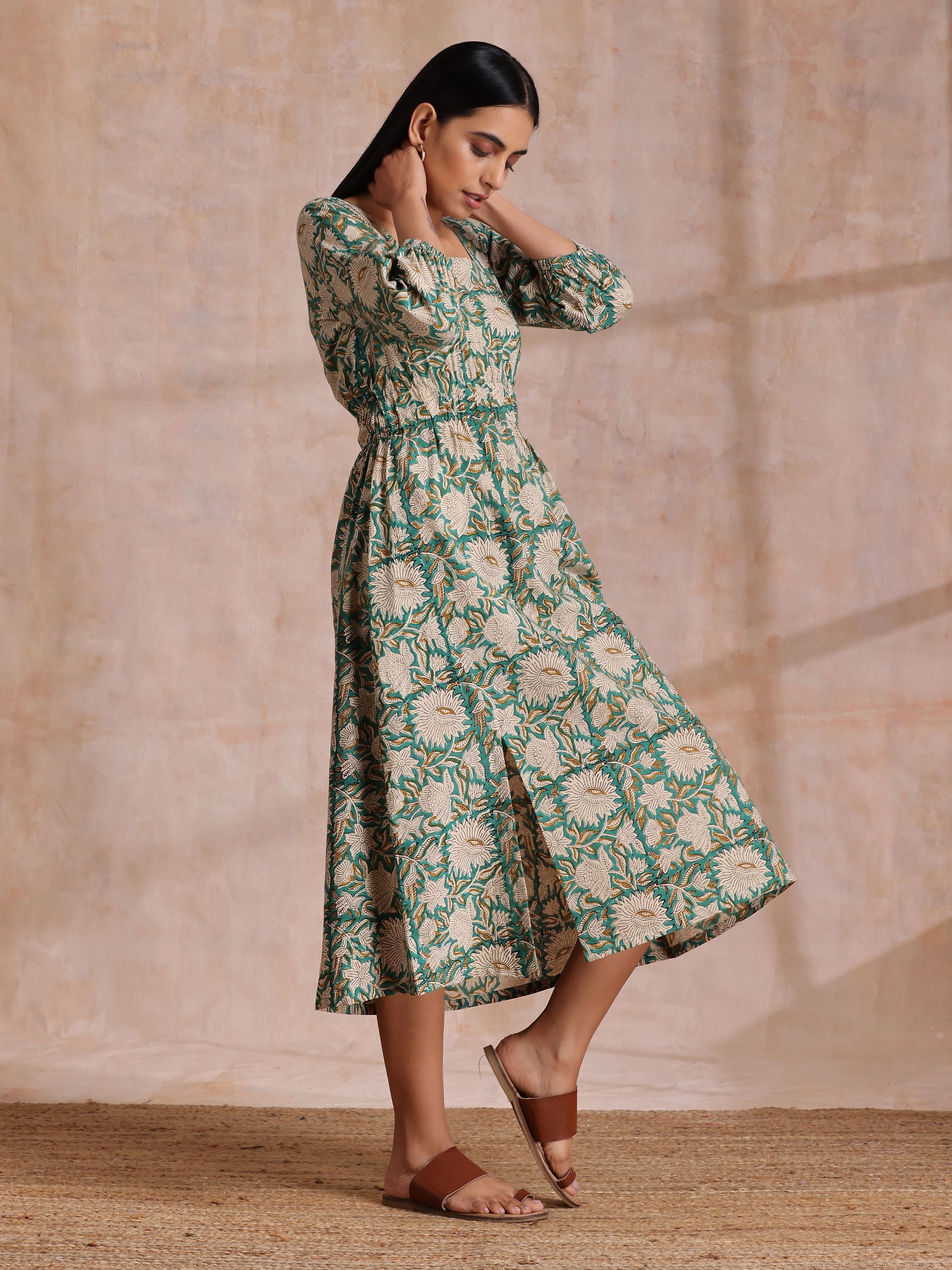 trueBrowns Fern Green Overall Floral Block Print Cotton Square Neck Dress - Distacart