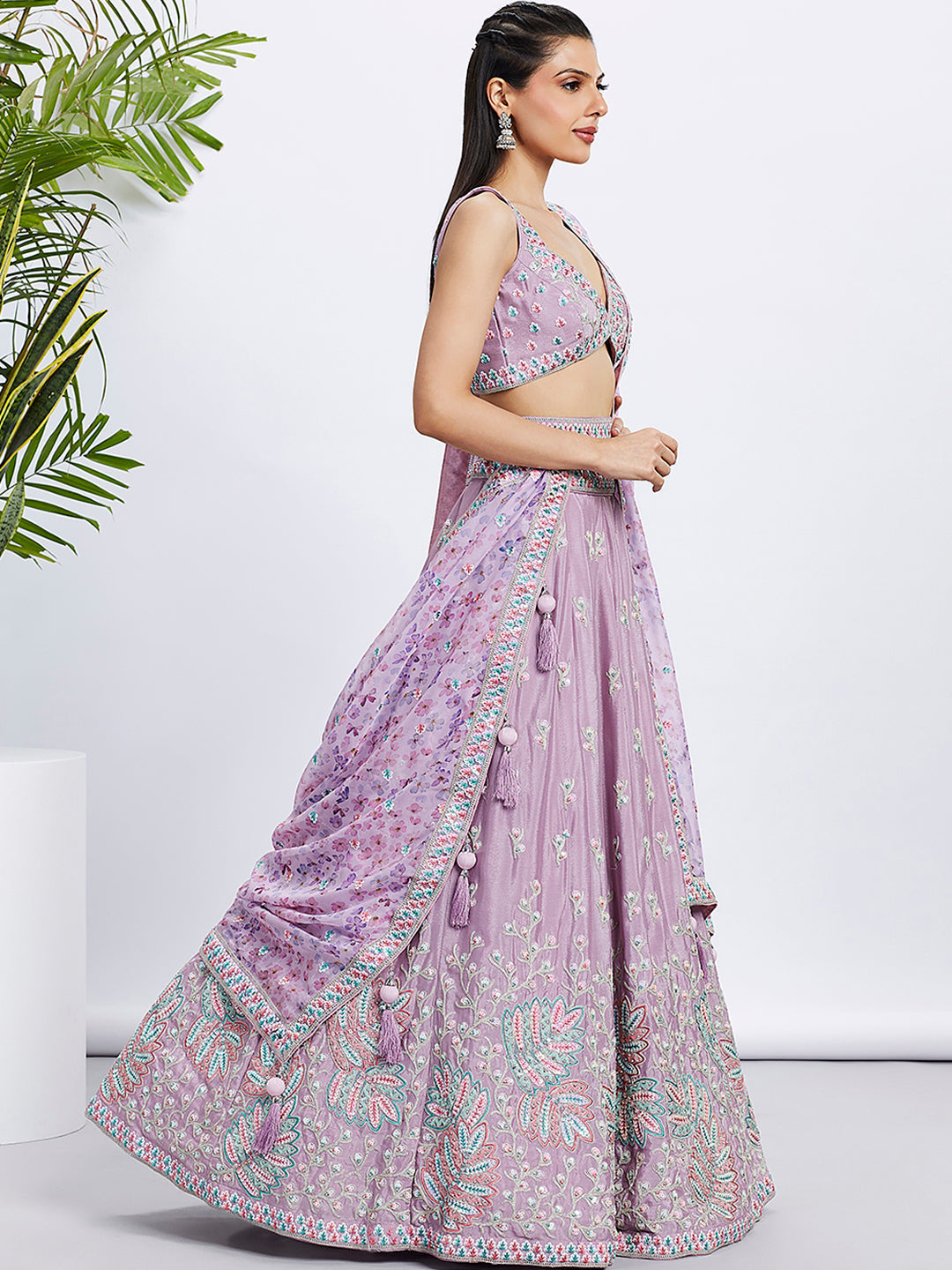 House of Panchhi Lavender Georgette Sequins And Thread Embroidery Lehenga Choli & Dupatta