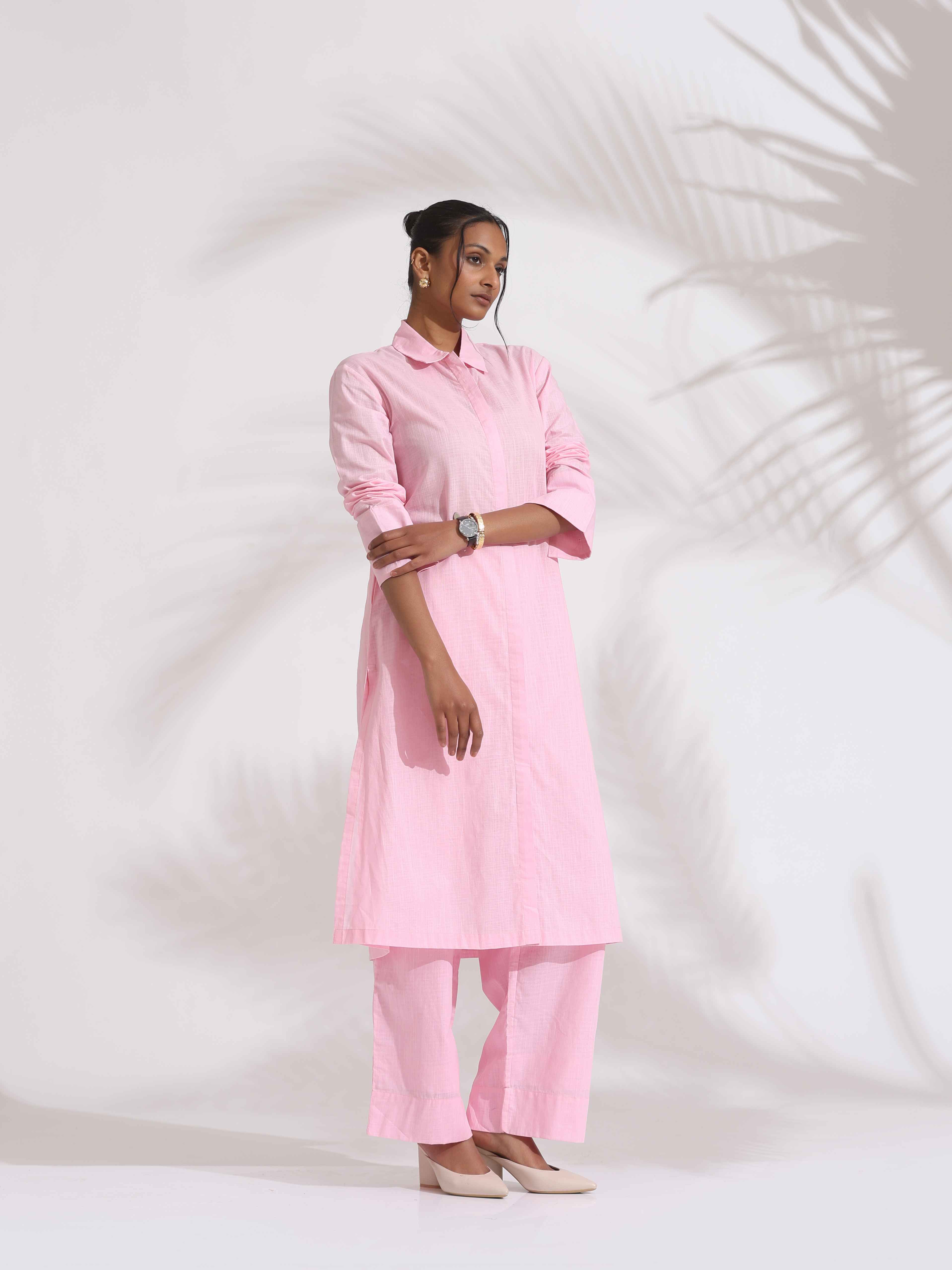 trueBrowns Pink Cotton Embroidered Kurta Set - Distacart