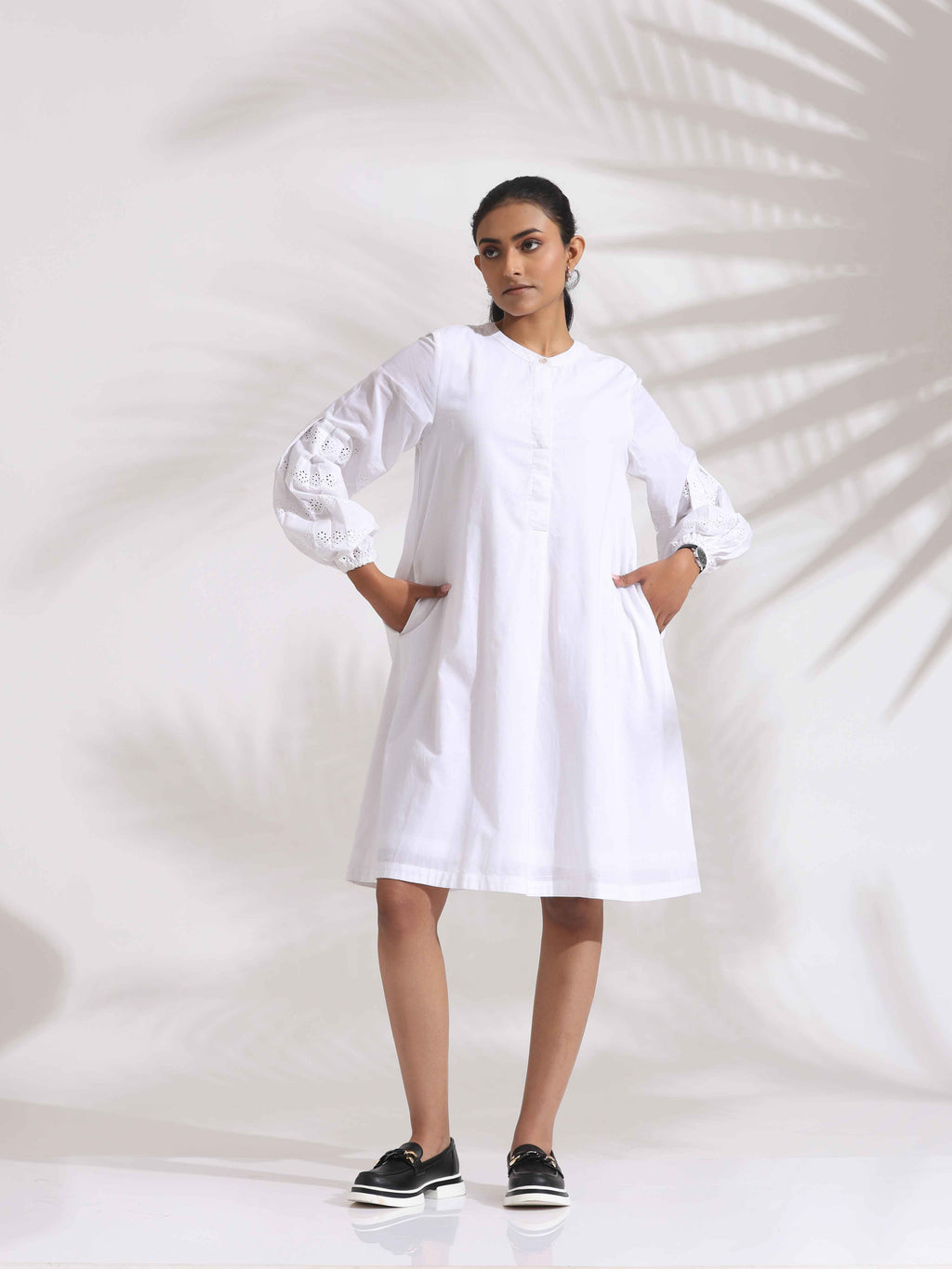 trueBrowns White Cotton Schiffli Short Dress - Distacart