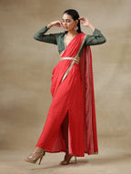 trueBrowns Red Bandhani Printed Silk Skirt Stitched Saree with Belt