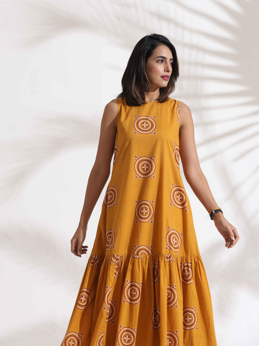 trueBrowns Mustard Cotton Print Tier Dress - Distacart