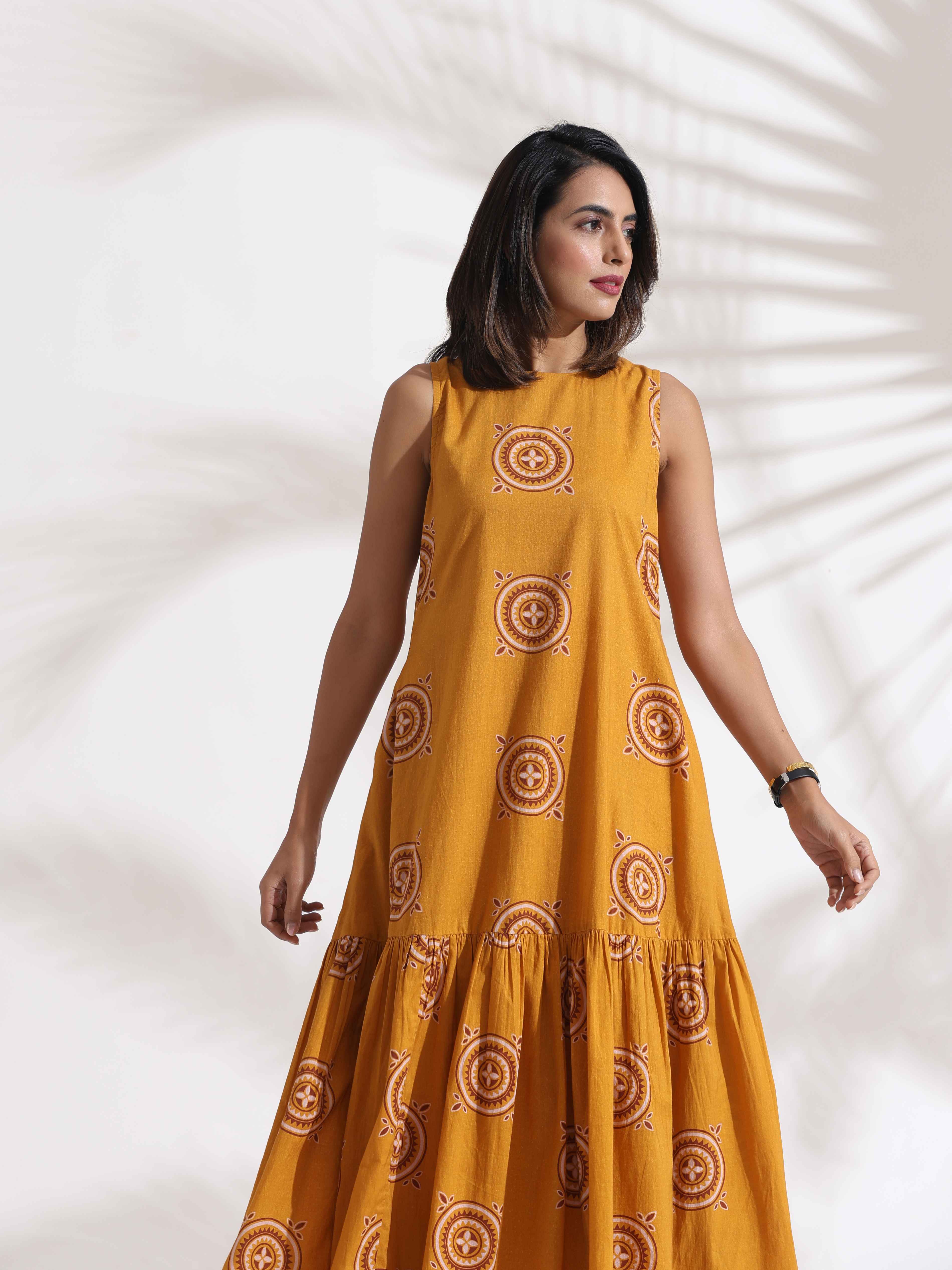 trueBrowns Mustard Cotton Print Tier Dress - Distacart
