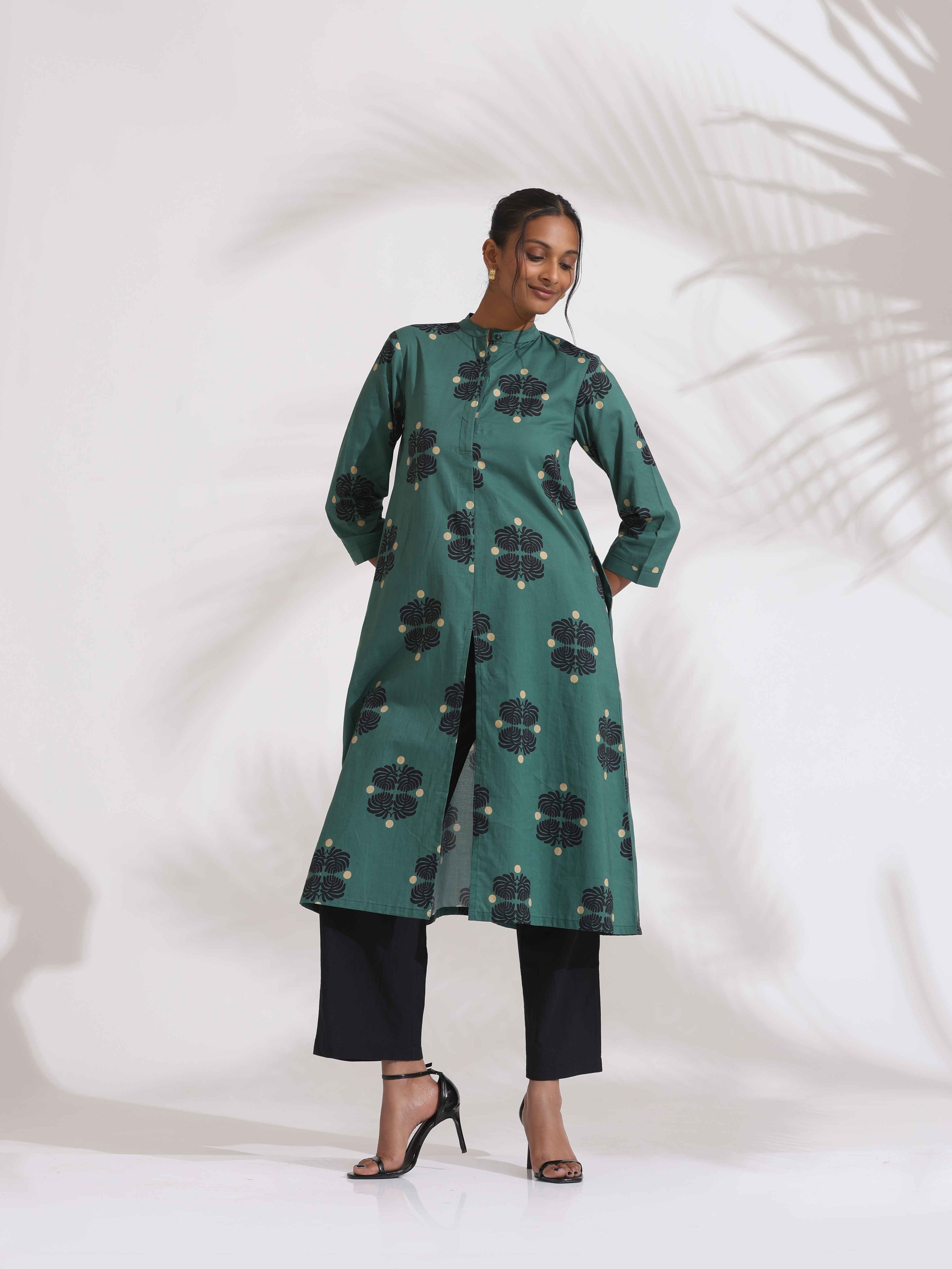 trueBrowns Green Cotton Print Front Slit Kurta Set - Distacart