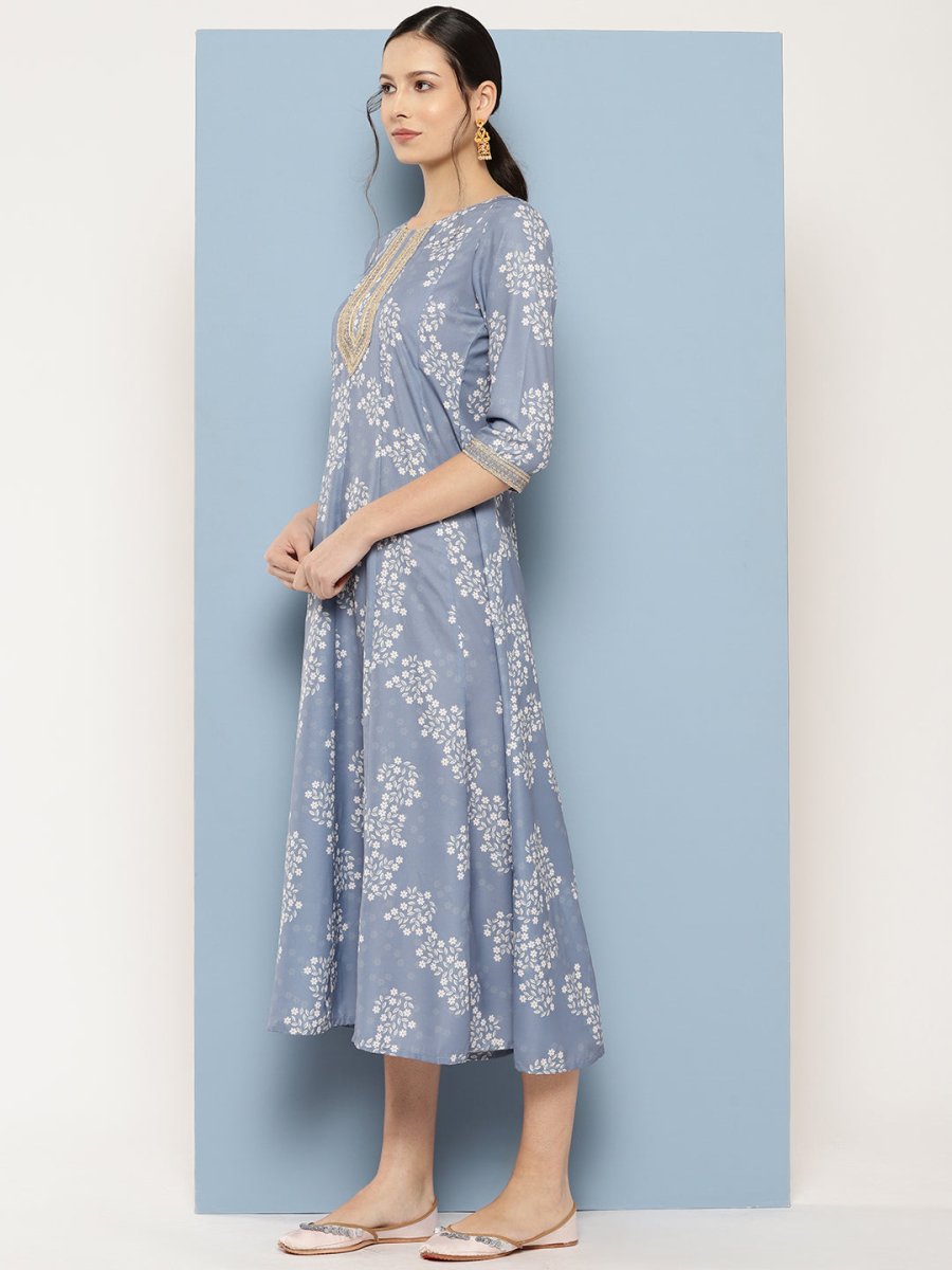 Ahalyaa Floral Printed Midi A-Line Ethnic Dress - Distacart