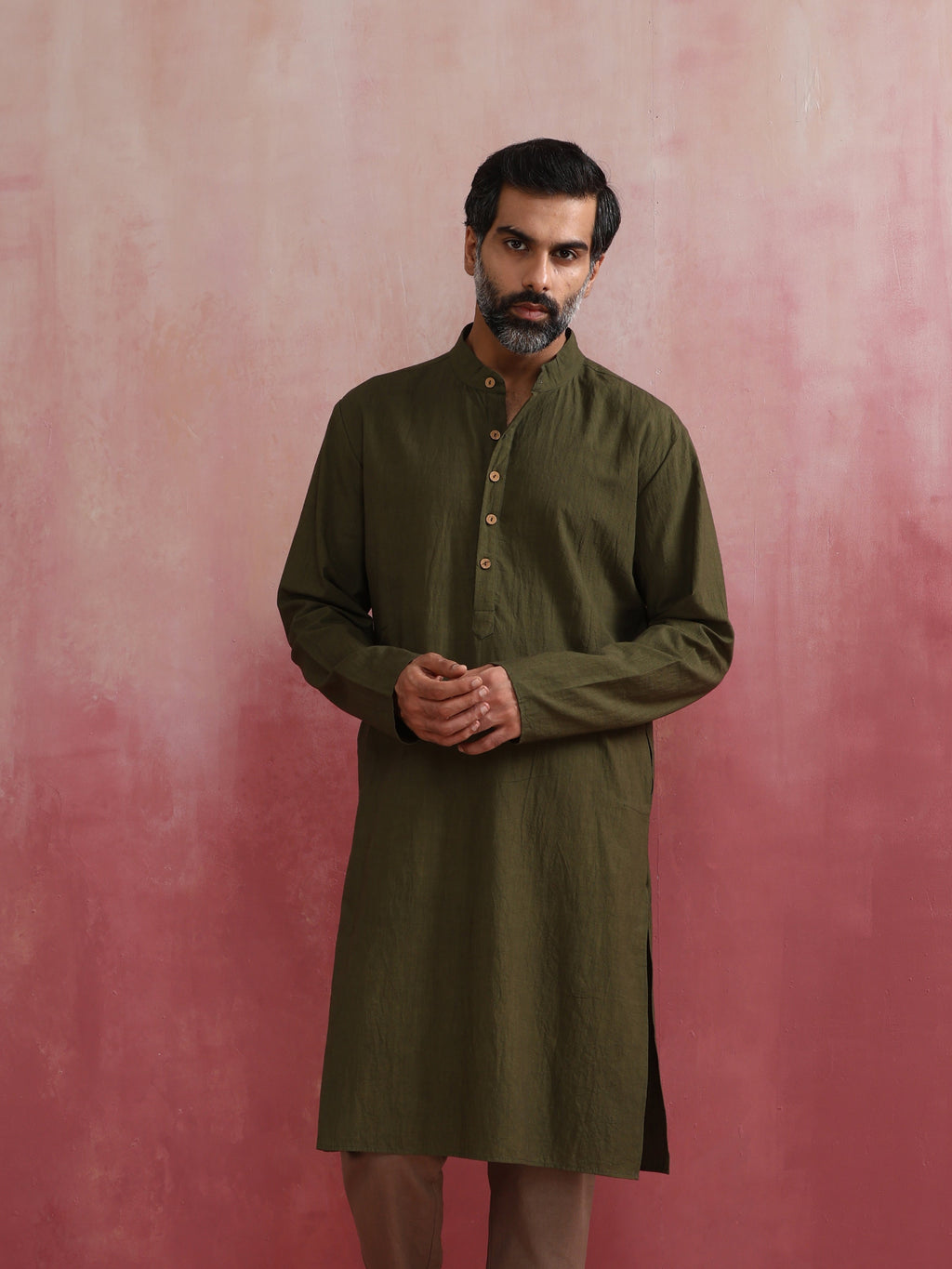 trueBrowns Men's Olive green Mandarin Collar Kurta